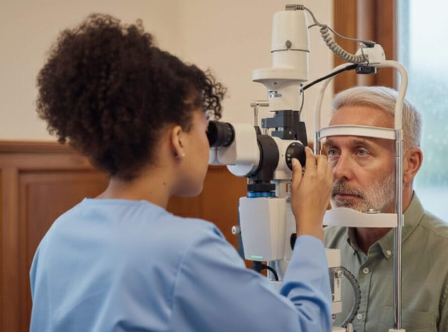An optometrist in light blue scrubs examines a middle-aged man's eyes with a slit lamp in a clinic.