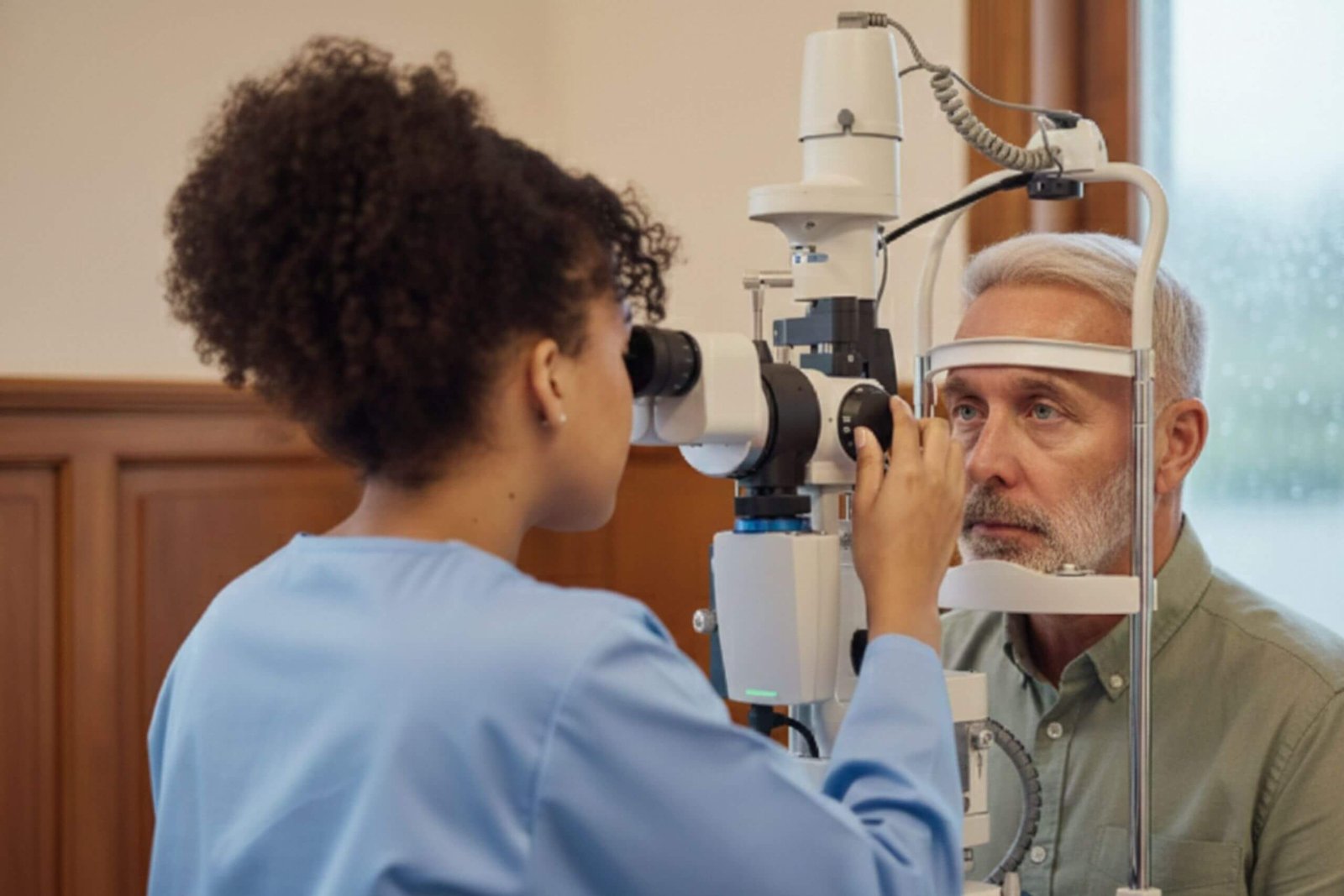 An optometrist in light blue scrubs examines a middle-aged man's eyes with a slit lamp in a clinic.