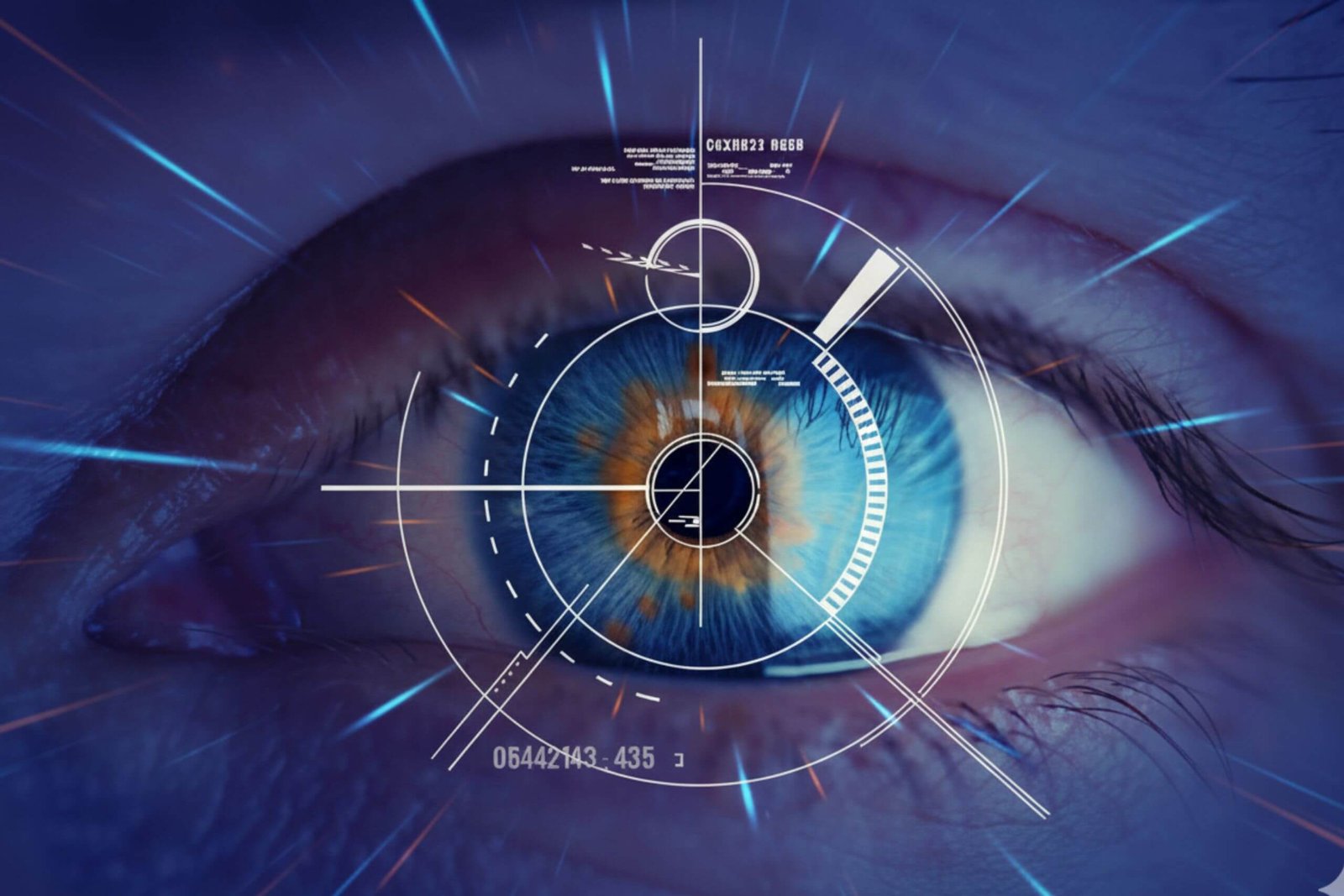 A close-up of a blue and orange human eye overlaid with a futuristic, glowing digital targeting HUD.