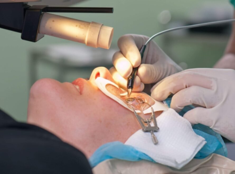 A surgeon performs an eye procedure on a patient lying down, using instruments under bright light and magnification.