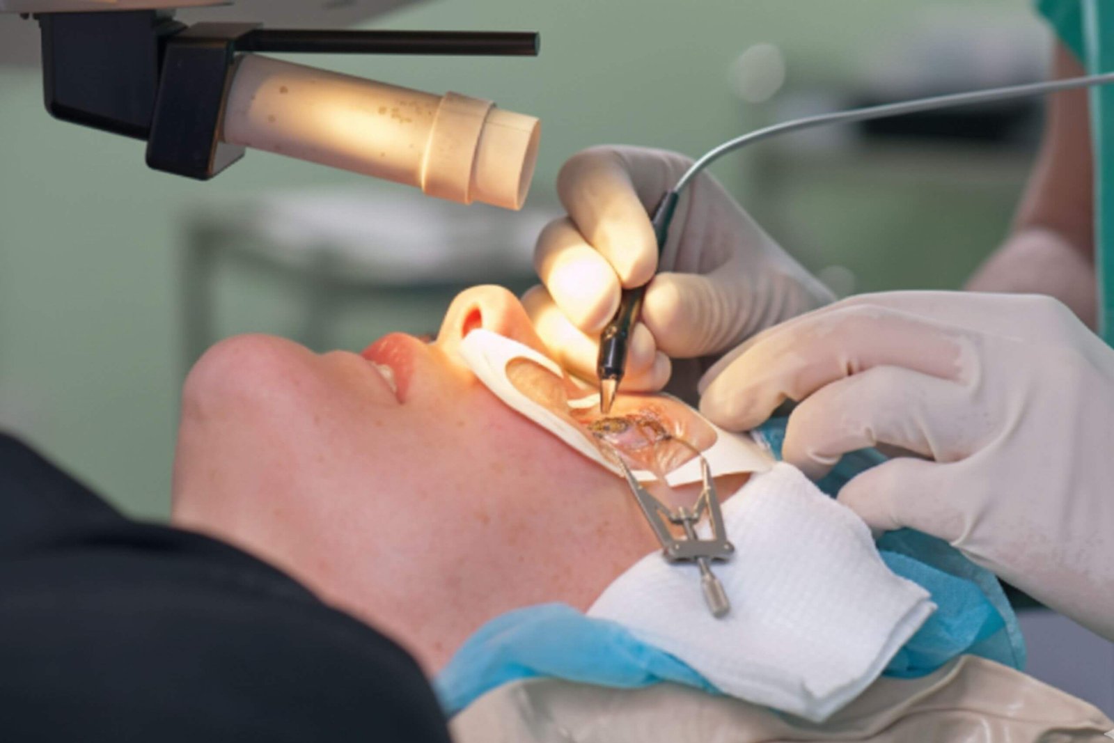 A surgeon performs an eye procedure on a patient lying down, using instruments under bright light and magnification.