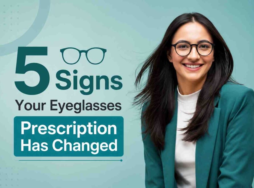 Smiling woman wearing eyeglasses, representing common signs that your eyeglasses prescription has changed and may need an updated eye exam.