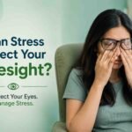 Woman rubbing her eyes while wearing glasses, illustrating how stress can affect eyesight and contribute to eye strain, fatigue, and discomfort.