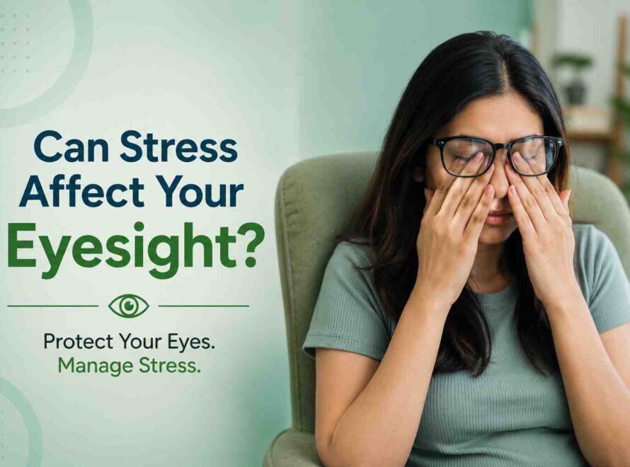 Woman rubbing her eyes while wearing glasses, illustrating how stress can affect eyesight and contribute to eye strain, fatigue, and discomfort.