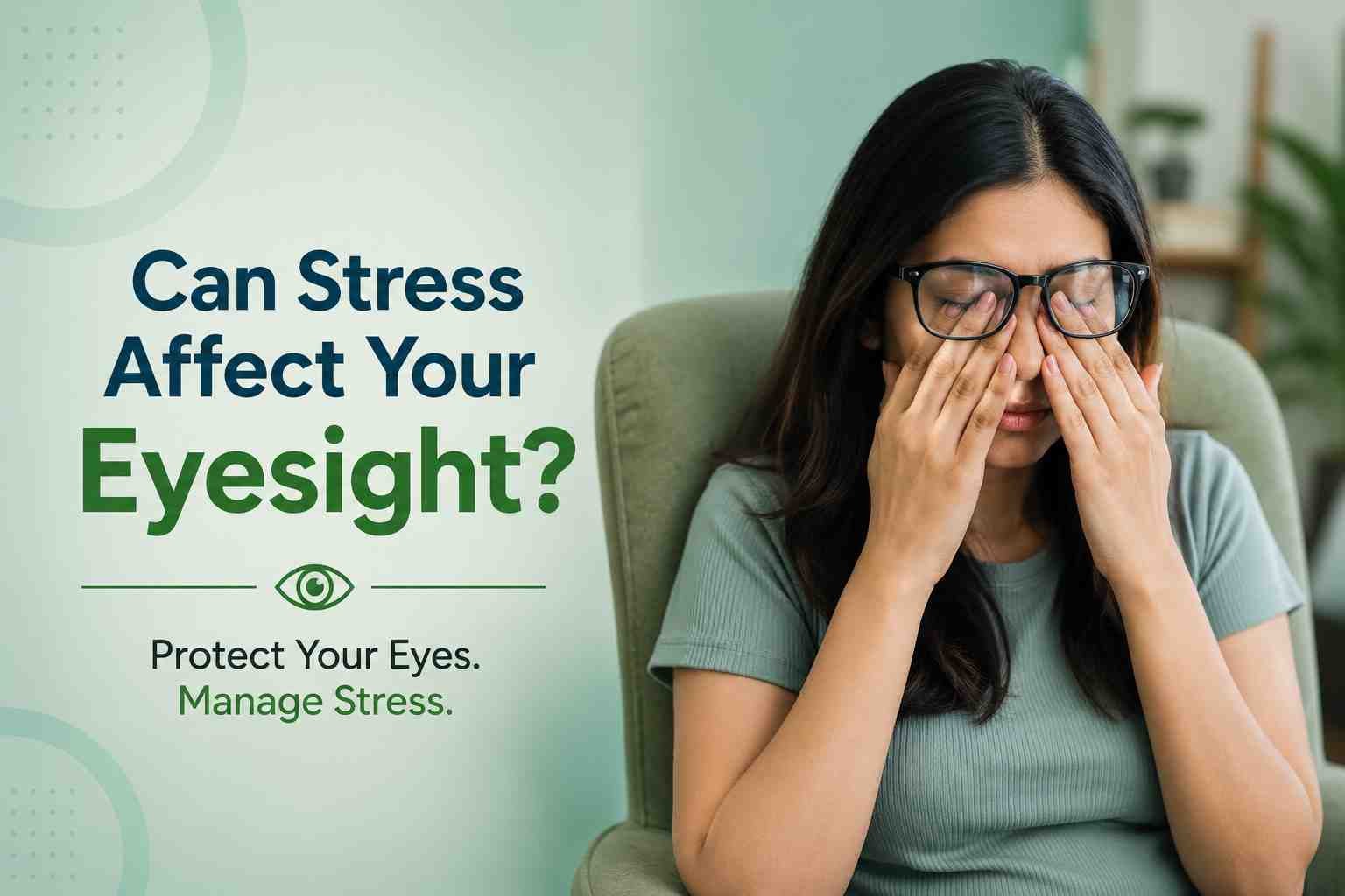Woman rubbing her eyes while wearing glasses, illustrating how stress can affect eyesight and contribute to eye strain, fatigue, and discomfort.