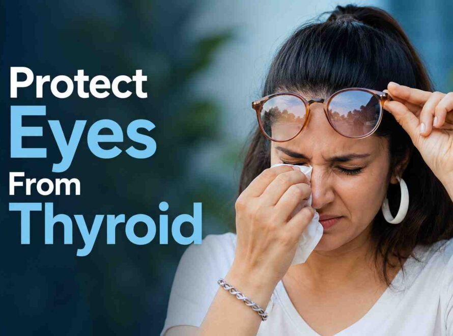 Woman experiencing eye discomfort while holding her glasses, showing possible thyroid-related eye symptoms.