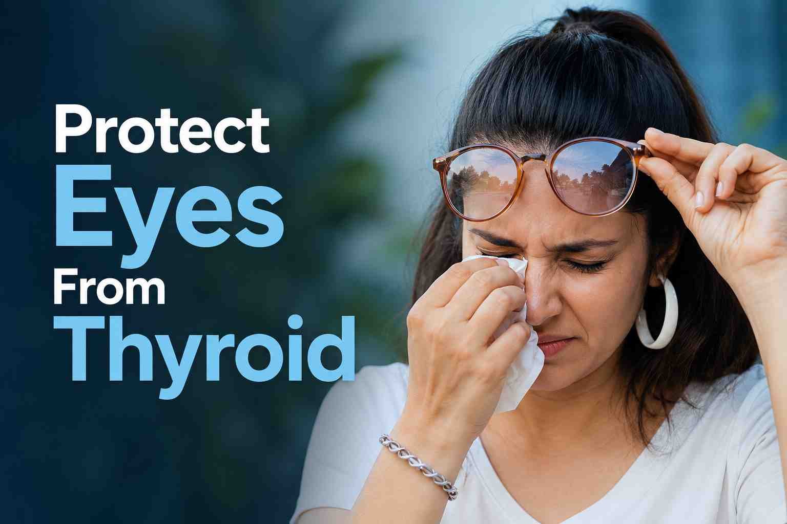 Woman experiencing eye discomfort while holding her glasses, showing possible thyroid-related eye symptoms.