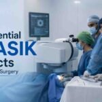 Eye surgeons performing LASIK surgery using advanced laser technology in a modern operating room.