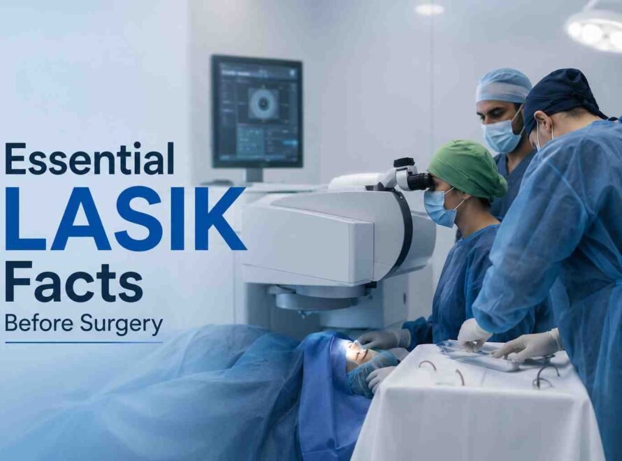 Eye surgeons performing LASIK surgery using advanced laser technology in a modern operating room.