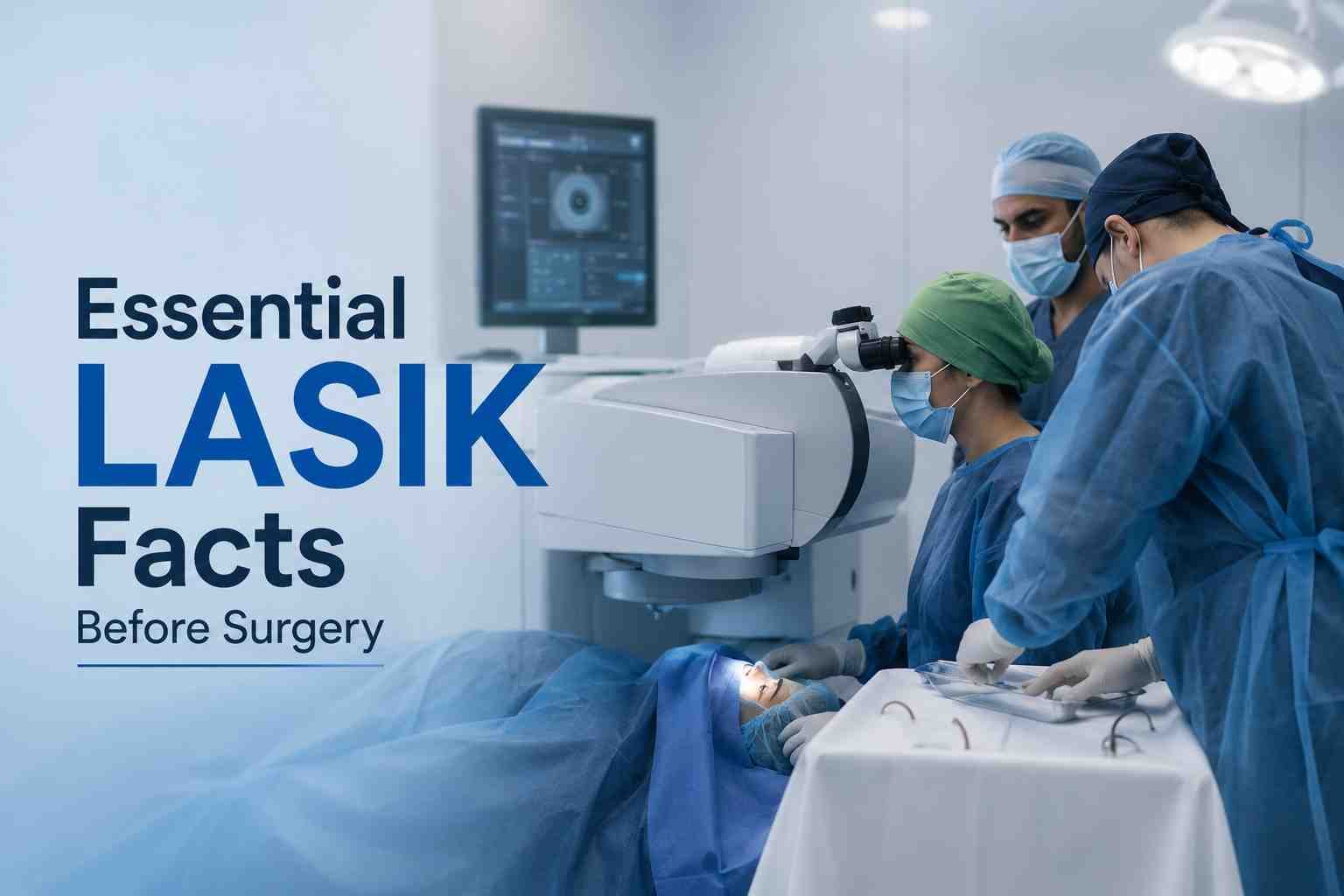 Eye surgeons performing LASIK surgery using advanced laser technology in a modern operating room.