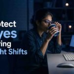 Woman working a night shift at a computer while taking steps to protect her eye health.