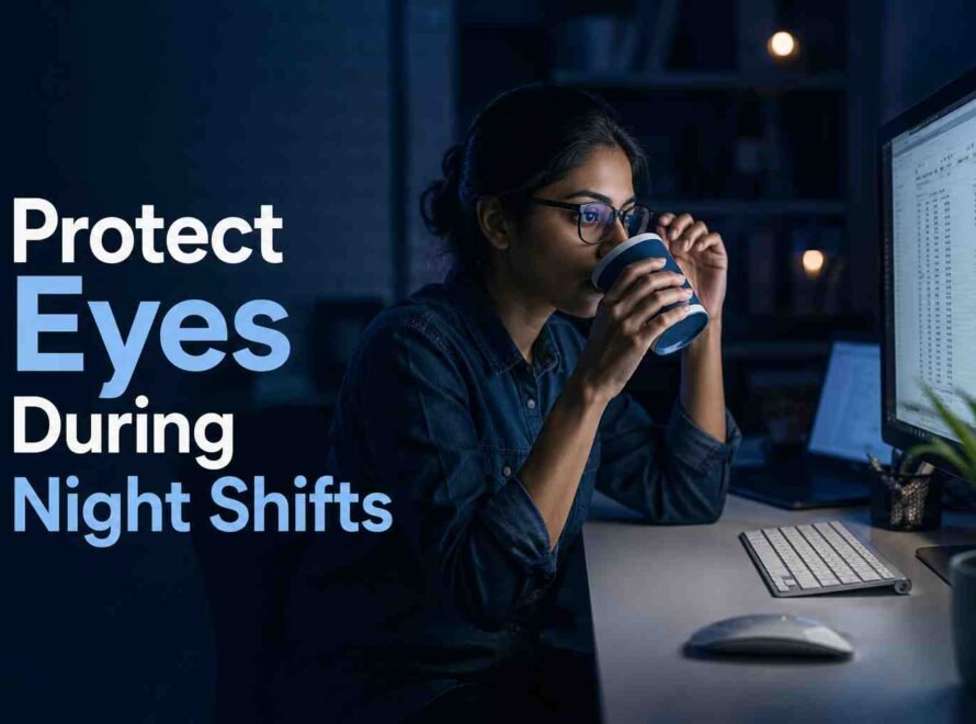 Woman working a night shift at a computer while taking steps to protect her eye health.