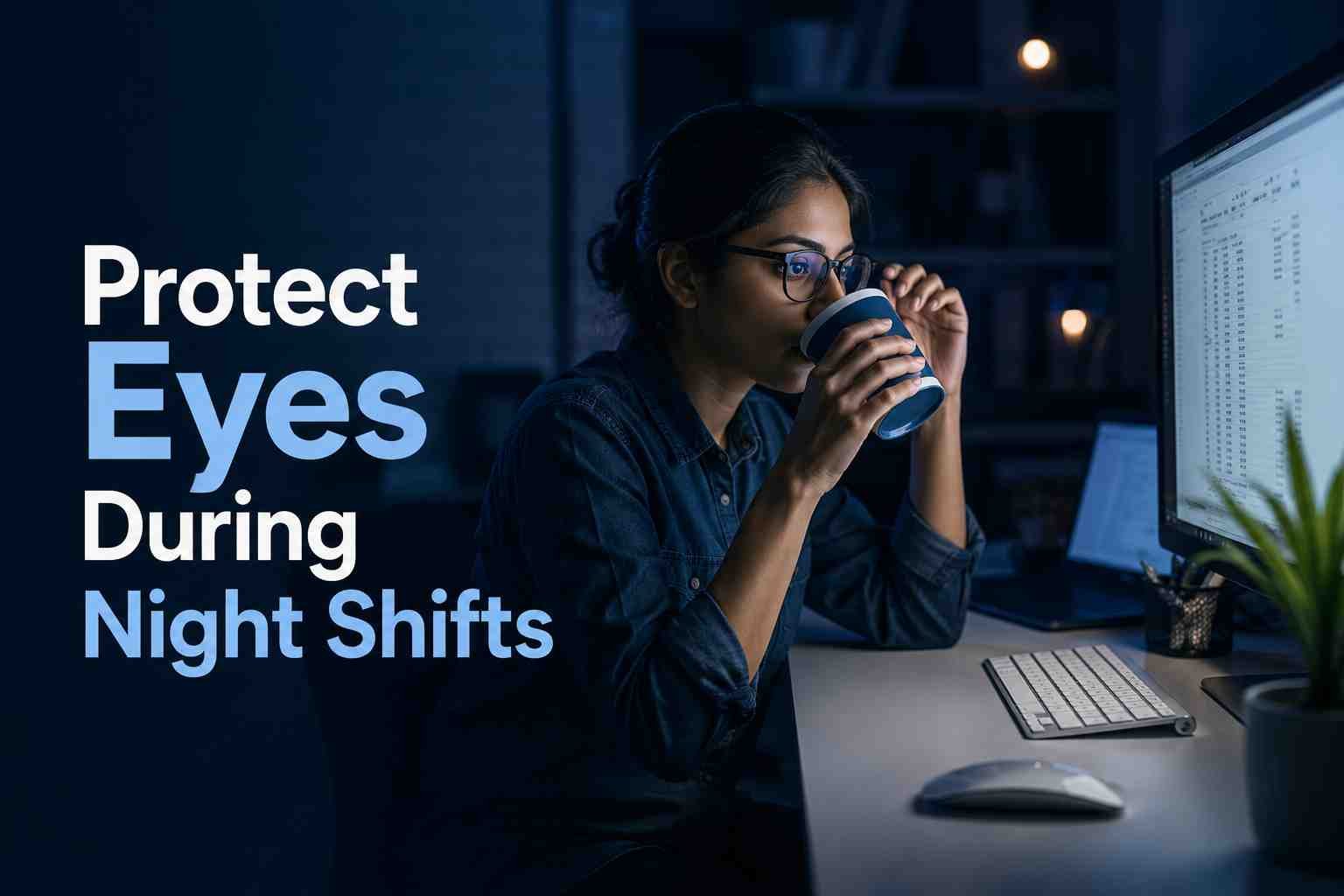 Woman working a night shift at a computer while taking steps to protect her eye health.
