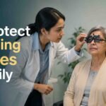 Eye doctor performing a vision examination on an elderly woman during a routine eye checkup.