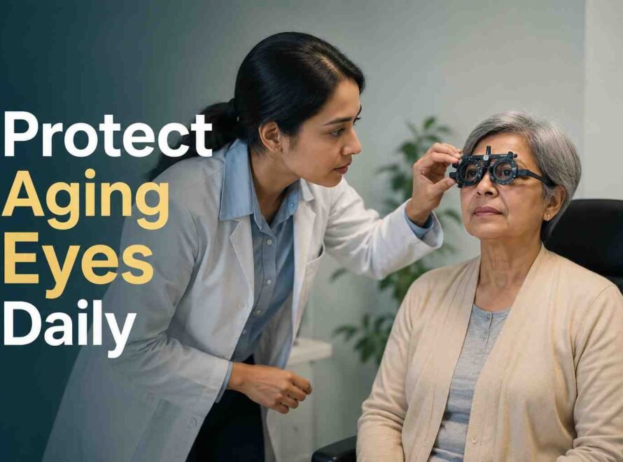 Eye doctor performing a vision examination on an elderly woman during a routine eye checkup.