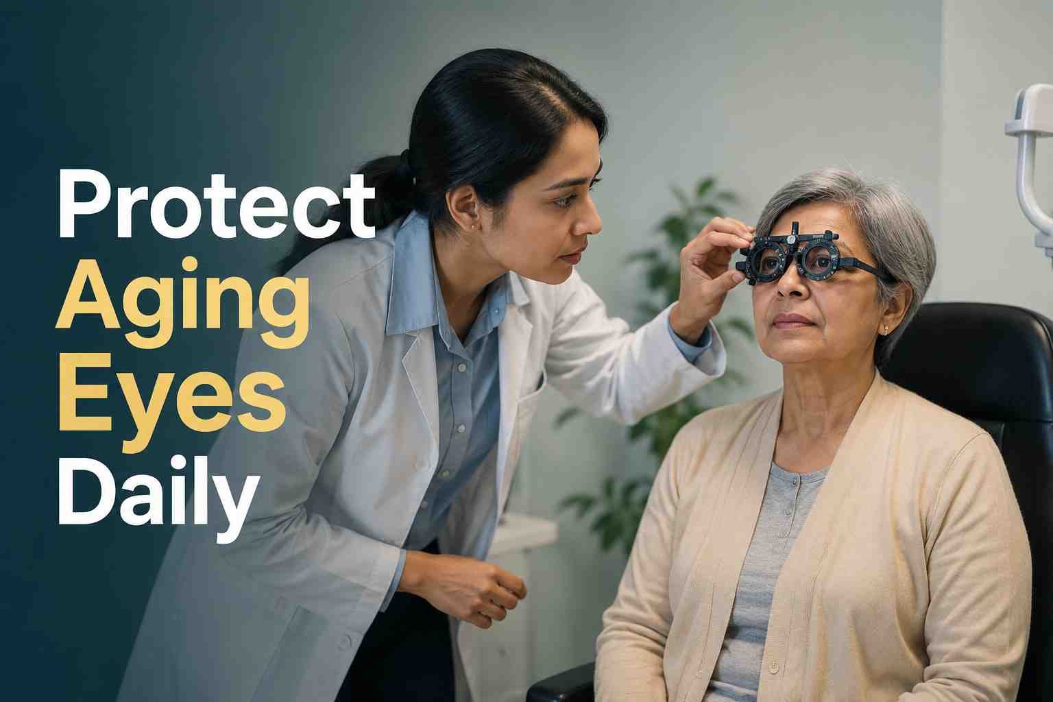 Eye doctor performing a vision examination on an elderly woman during a routine eye checkup.
