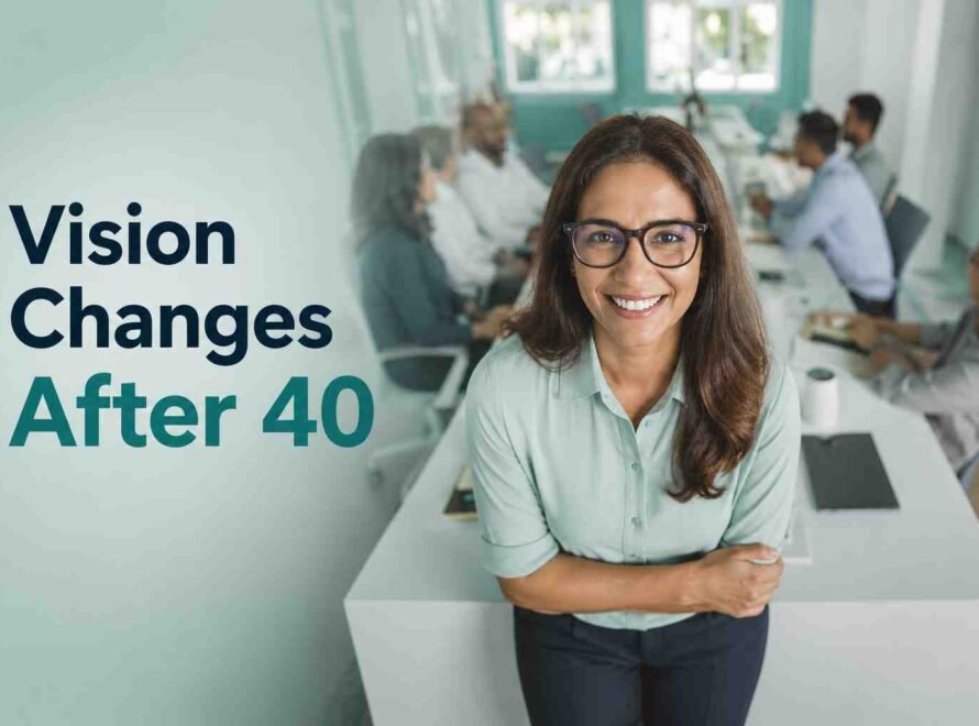 Smiling woman wearing glasses in an office, highlighting common vision changes after age 40.