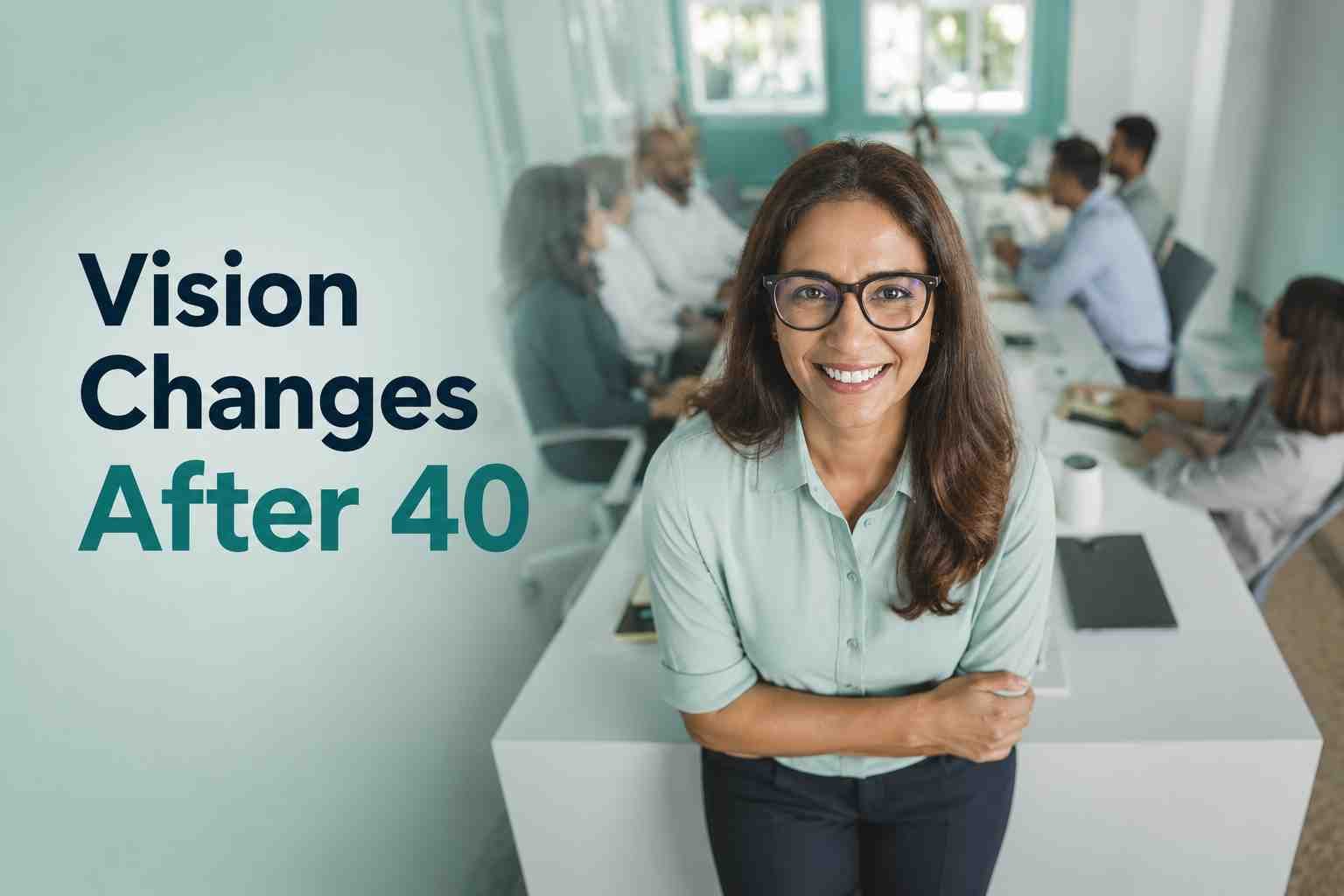 Smiling woman wearing glasses in an office, highlighting common vision changes after age 40.