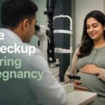 Pregnant woman undergoing a comprehensive eye examination with an ophthalmologist.