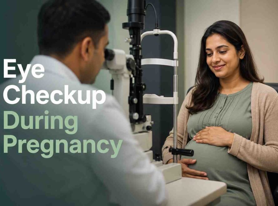 Pregnant woman undergoing a comprehensive eye examination with an ophthalmologist.