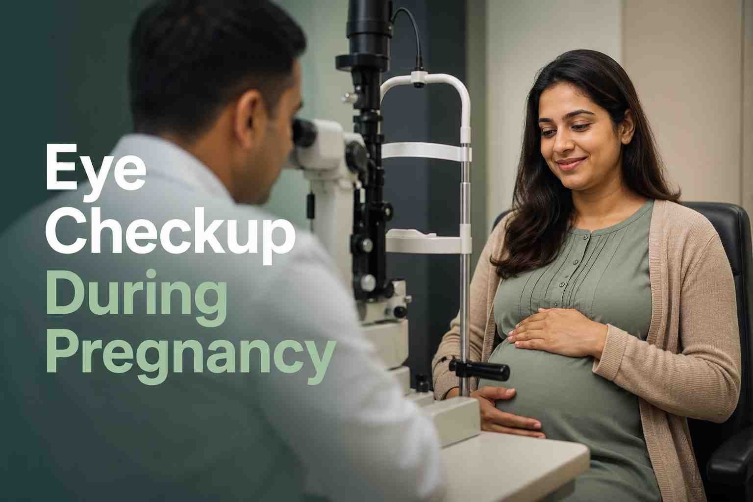 Pregnant woman undergoing a comprehensive eye examination with an ophthalmologist.