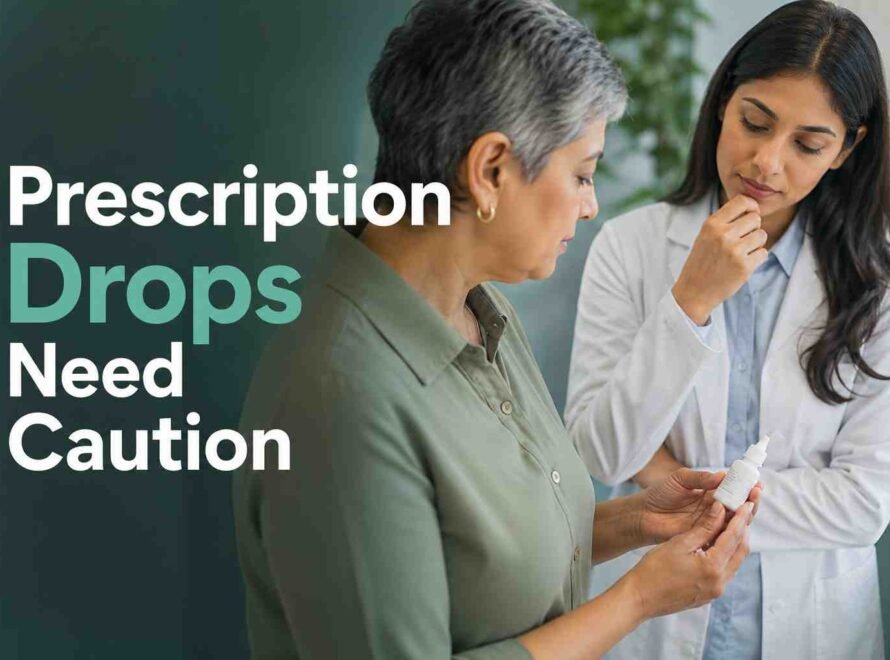 Eye specialist explaining the safe use of prescription eye drops to an older patient.