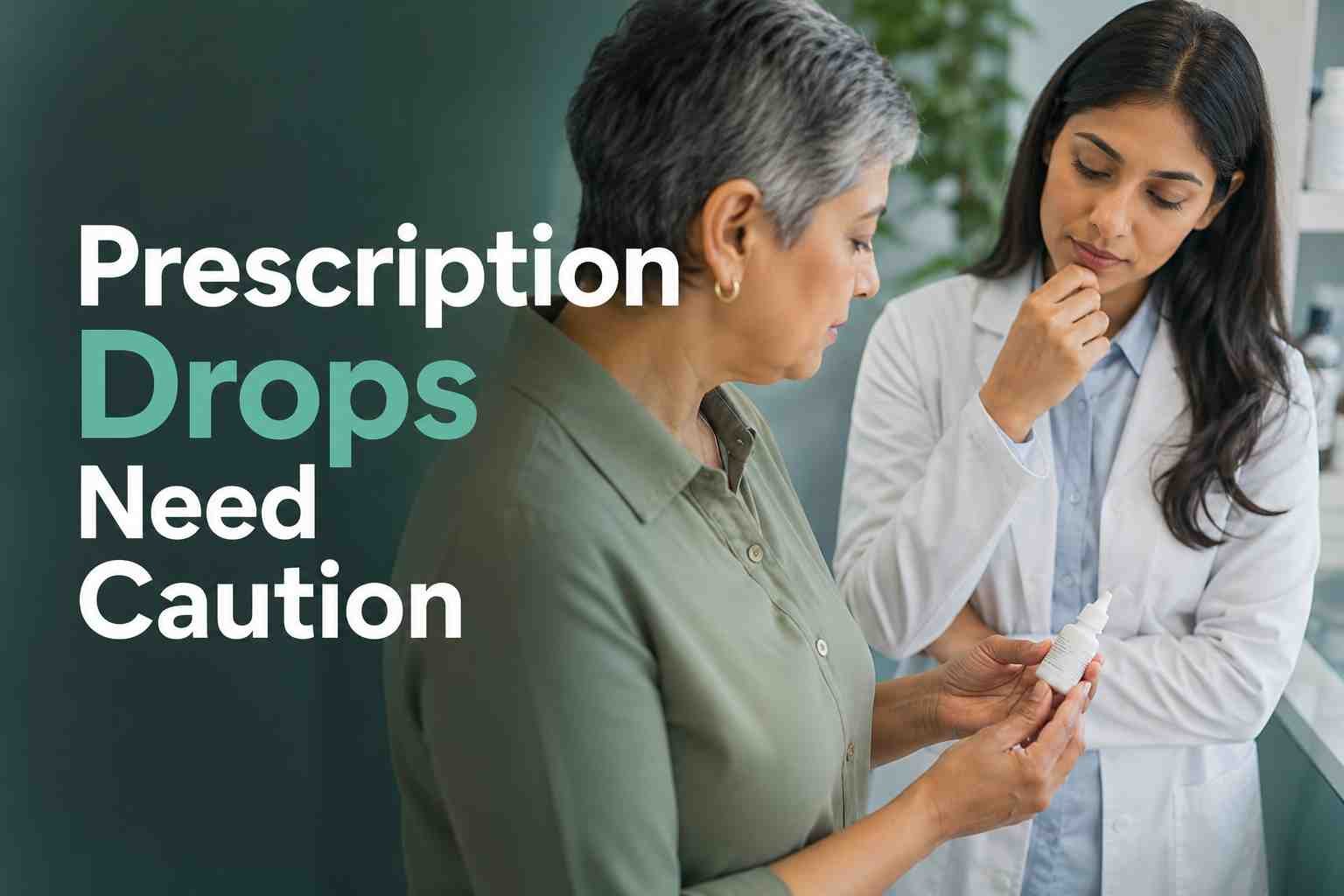 Eye specialist explaining the safe use of prescription eye drops to an older patient.