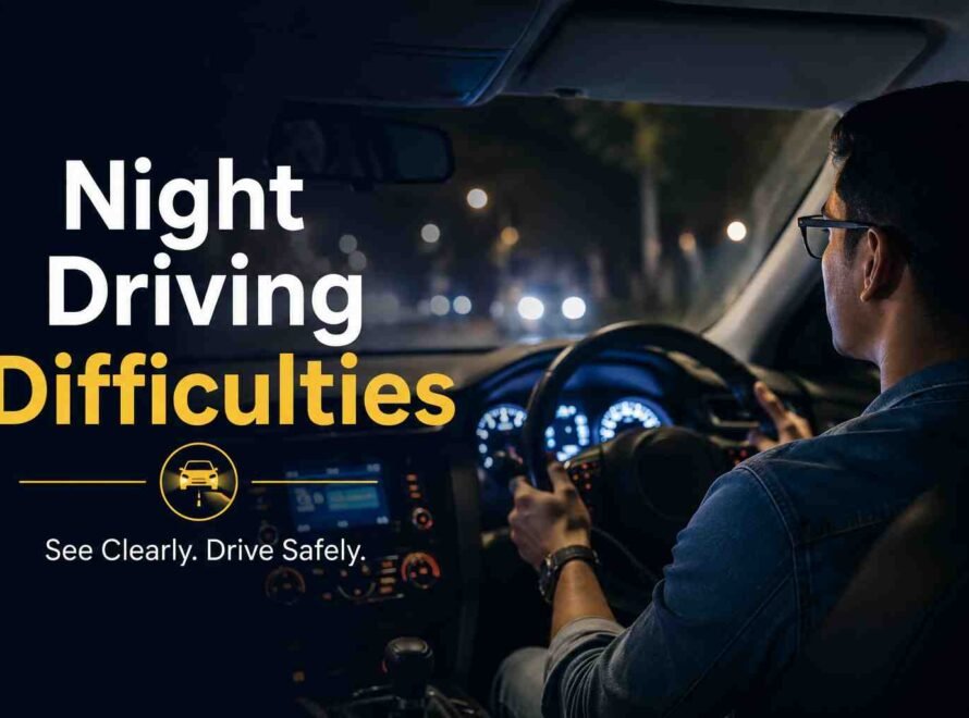 Driver behind the wheel at night, highlighting night driving difficulties that may be caused by vision problems or reduced low-light vision.