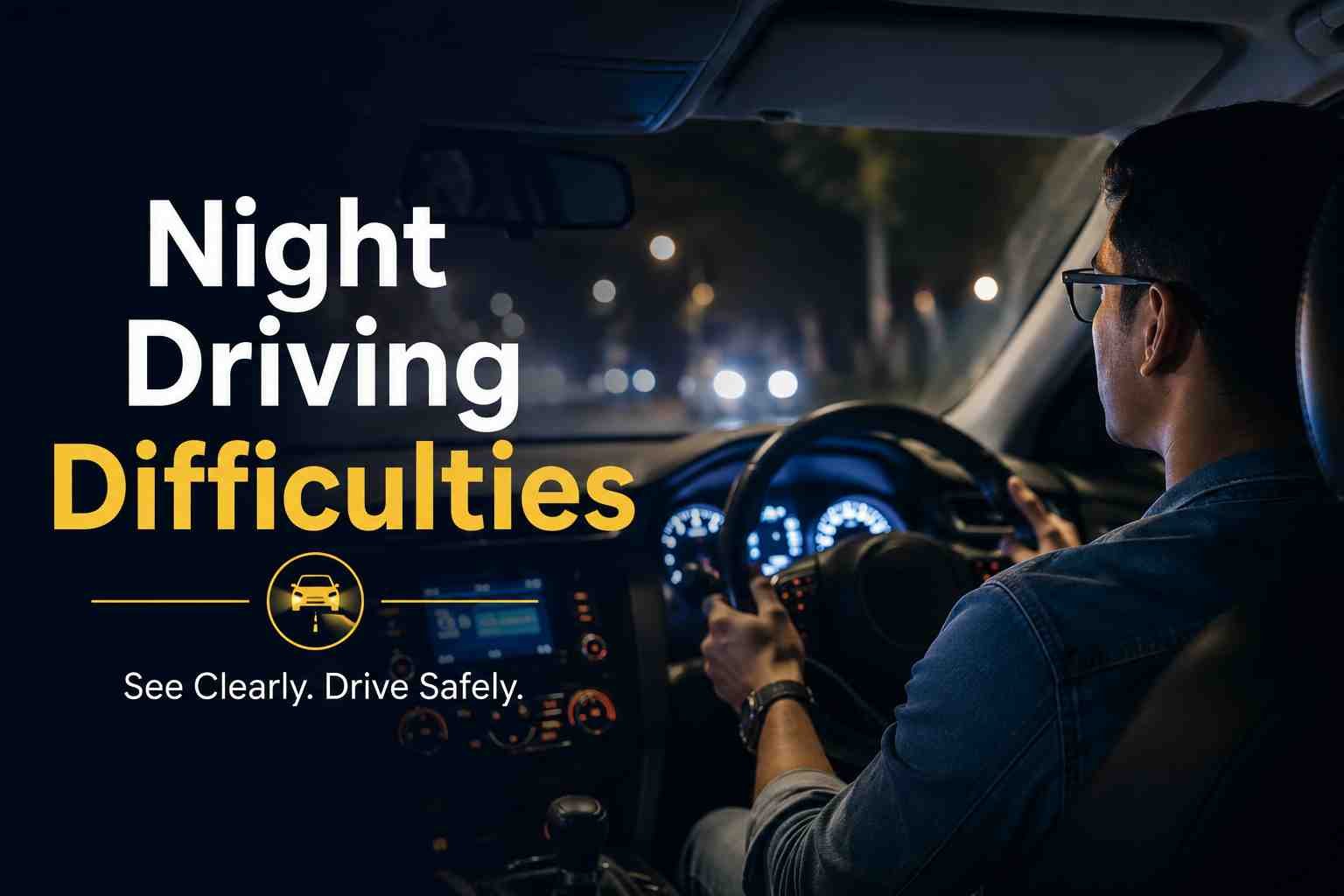 Driver behind the wheel at night, highlighting night driving difficulties that may be caused by vision problems or reduced low-light vision.