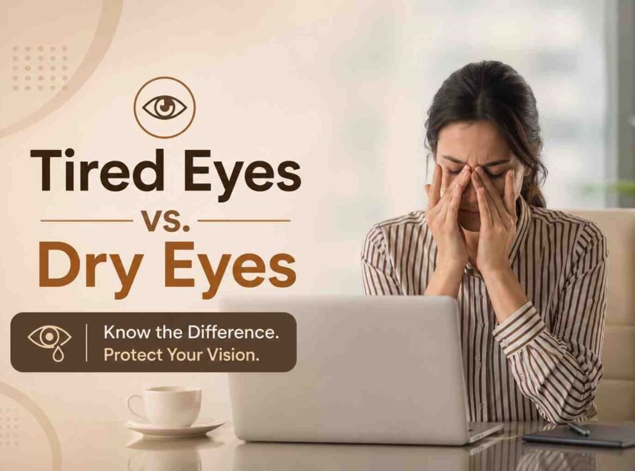 Woman rubbing her eyes while working on a laptop, illustrating the difference between tired eyes and dry eyes caused by prolonged screen use.