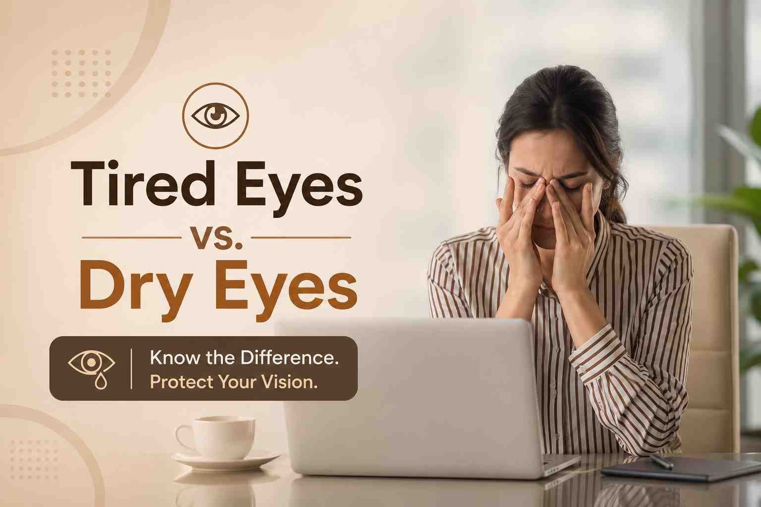 Woman rubbing her eyes while working on a laptop, illustrating the difference between tired eyes and dry eyes caused by prolonged screen use.