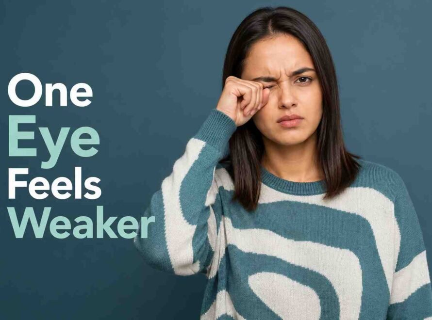 Woman rubbing one eye due to discomfort and blurred vision in one eye.