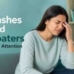 Woman experiencing eye discomfort, highlighting sudden flashes and floaters that require prompt eye care.