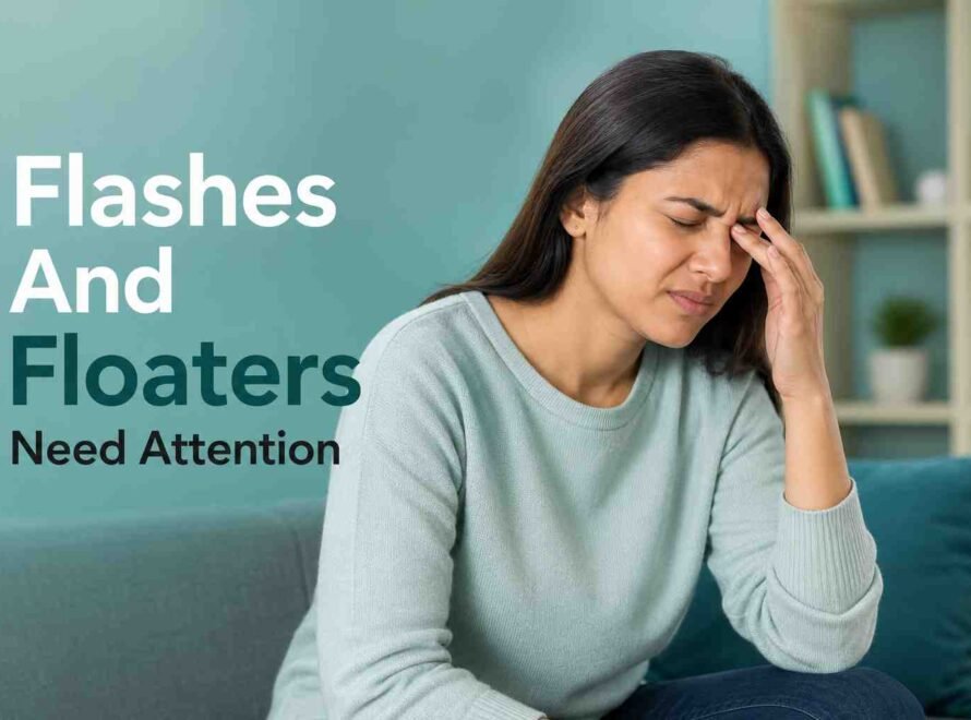 Woman experiencing eye discomfort, highlighting sudden flashes and floaters that require prompt eye care.