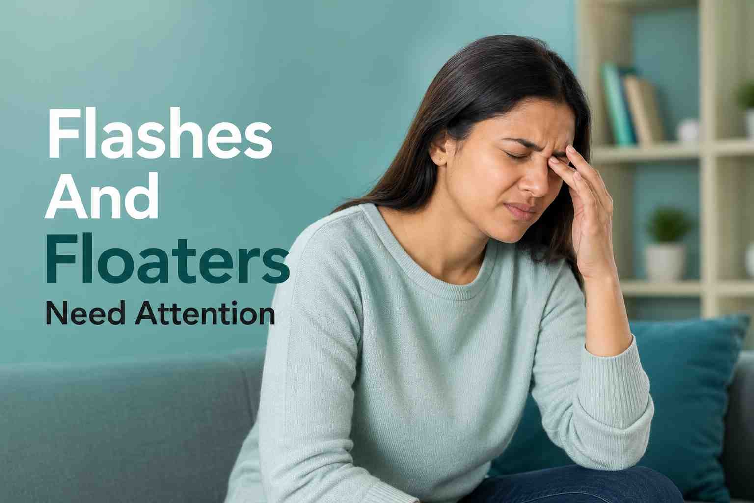 Woman experiencing eye discomfort, highlighting sudden flashes and floaters that require prompt eye care.