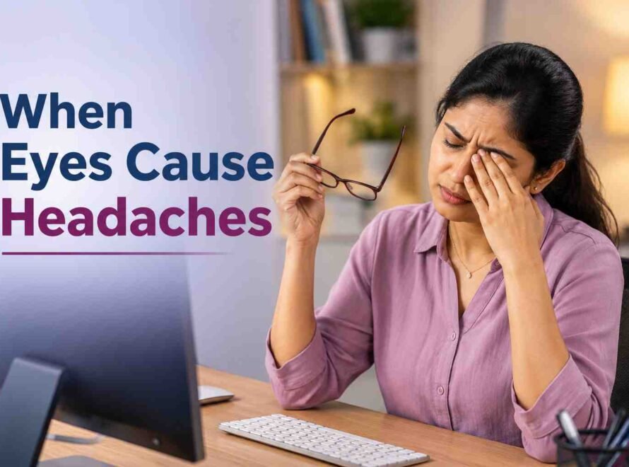 Woman rubbing her eye while holding glasses, showing eye strain that may cause headaches.