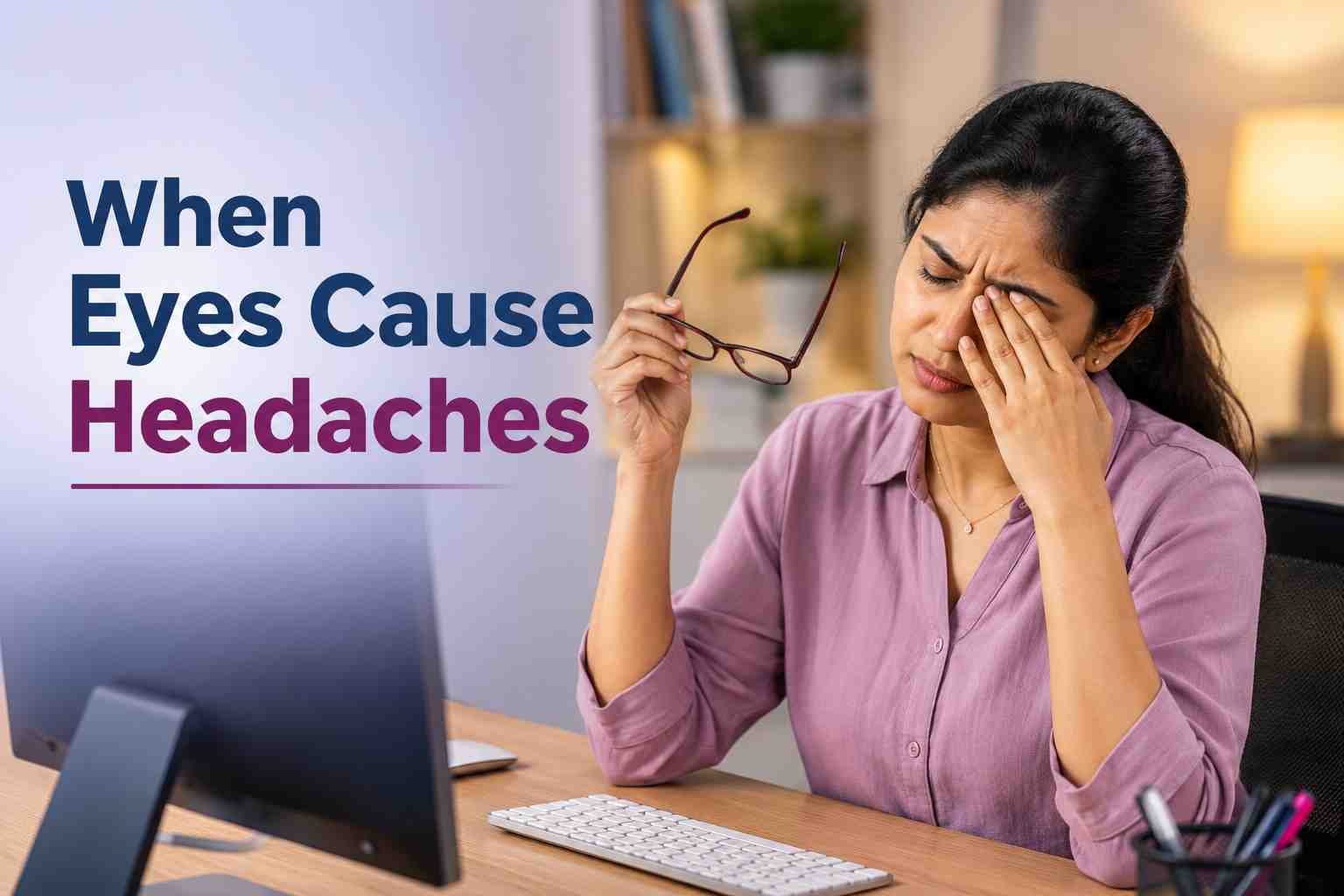 Woman rubbing her eye while holding glasses, showing eye strain that may cause headaches.