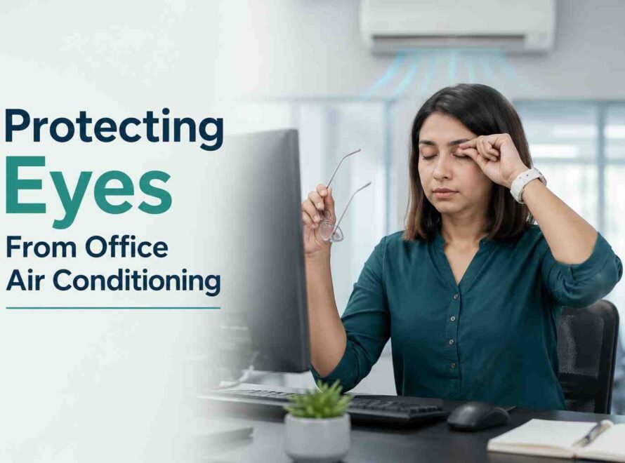 Woman rubbing her eye while working in an air-conditioned office.