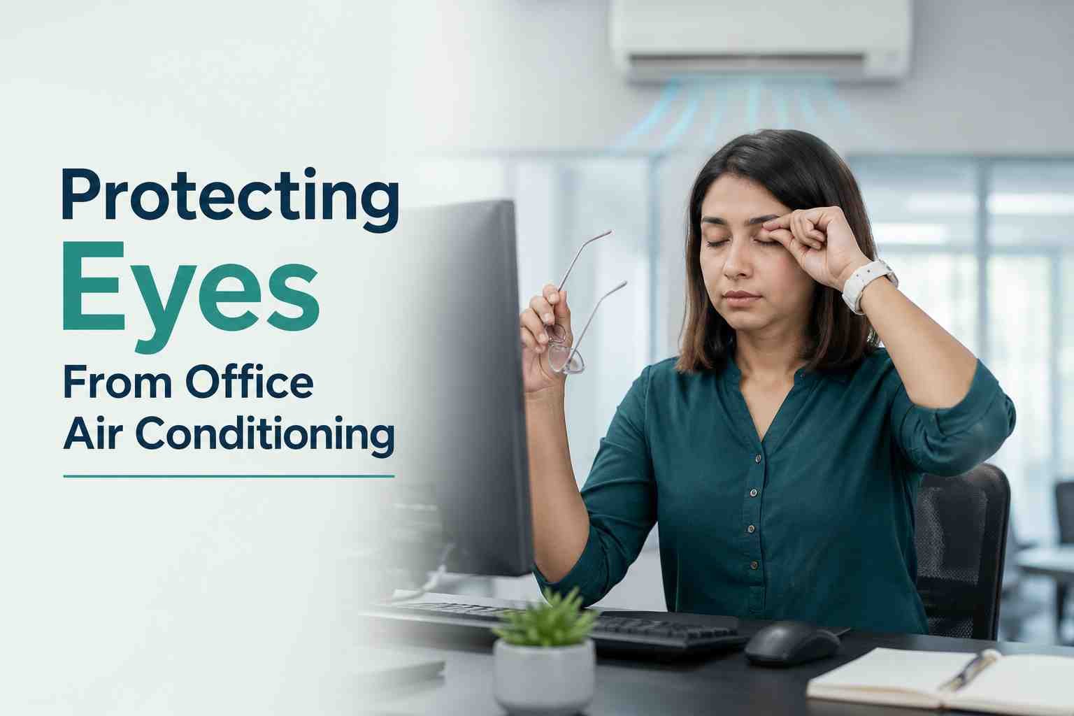 Woman rubbing her eye while working in an air-conditioned office.