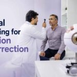 Eye doctor examining an adult patient during a vision assessment for LASIK eye surgery consultation.