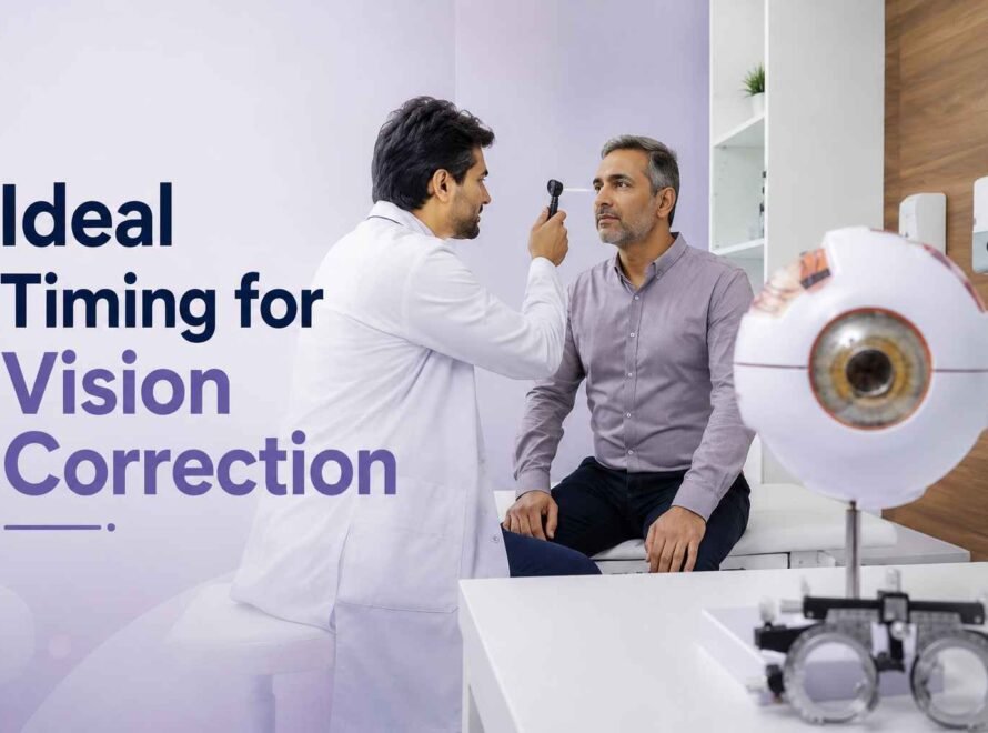 Eye doctor examining an adult patient during a vision assessment for LASIK eye surgery consultation.