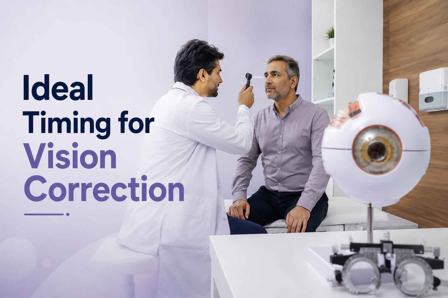 Eye doctor examining an adult patient during a vision assessment for LASIK eye surgery consultation.
