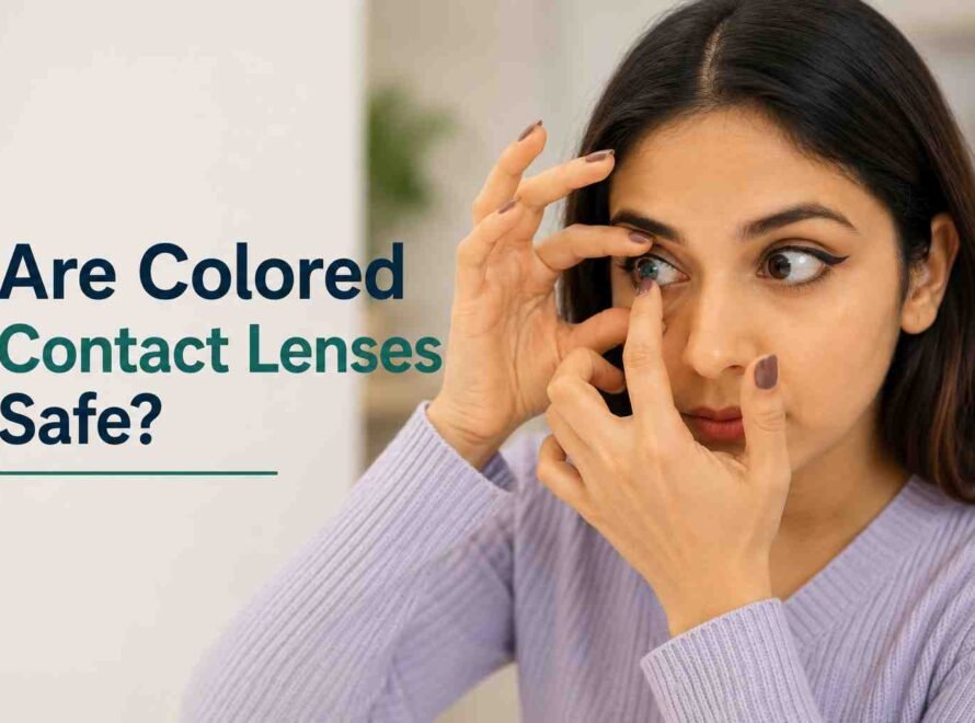 Woman inserting a colored contact lens into her eye.