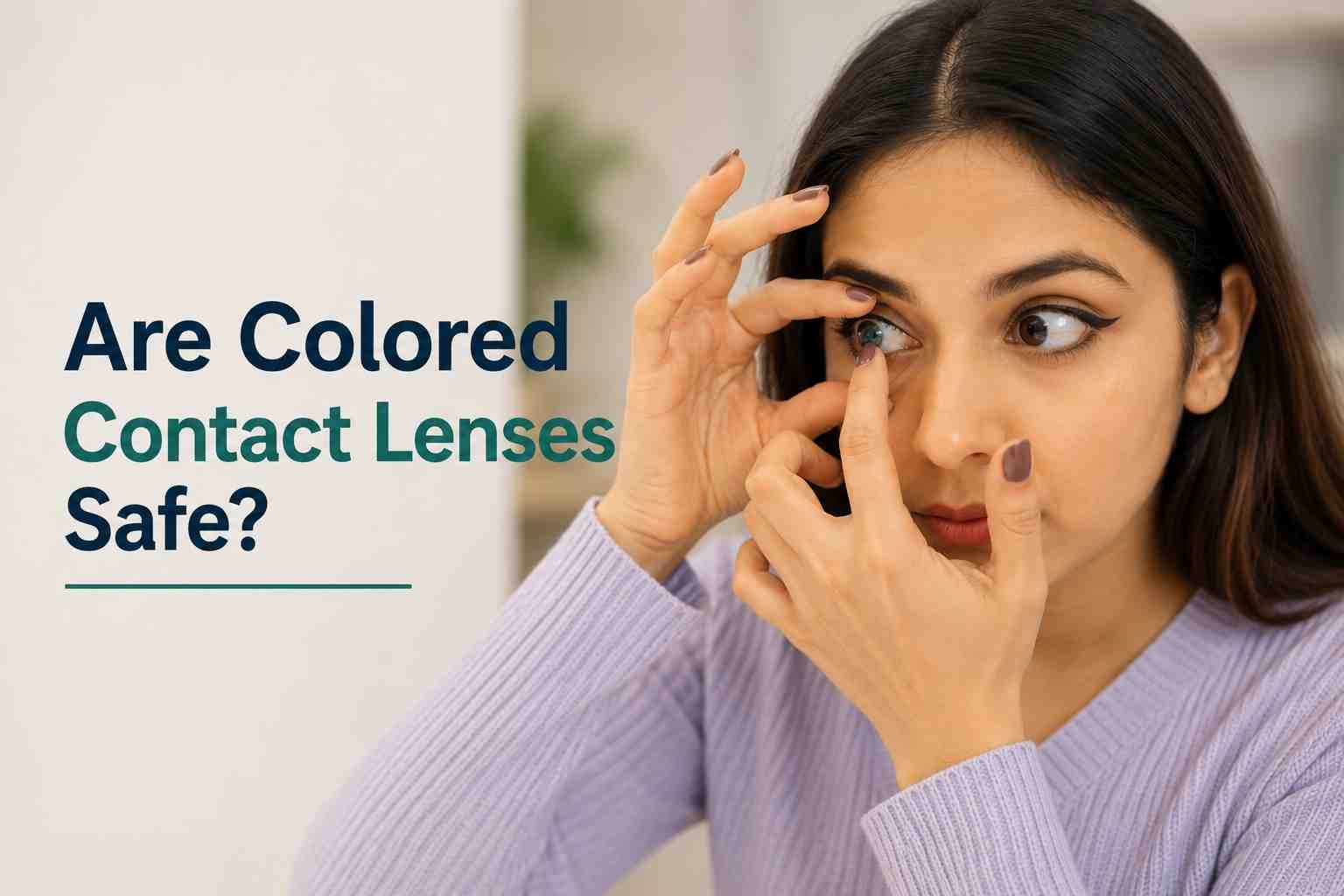 Woman inserting a colored contact lens into her eye.