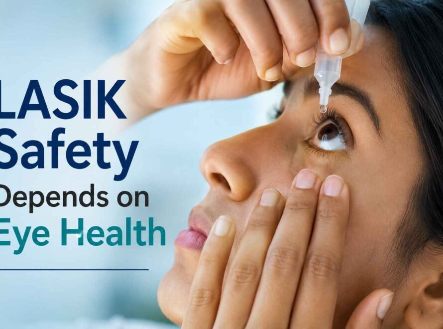Woman using eye drops before LASIK surgery to support eye health and safety