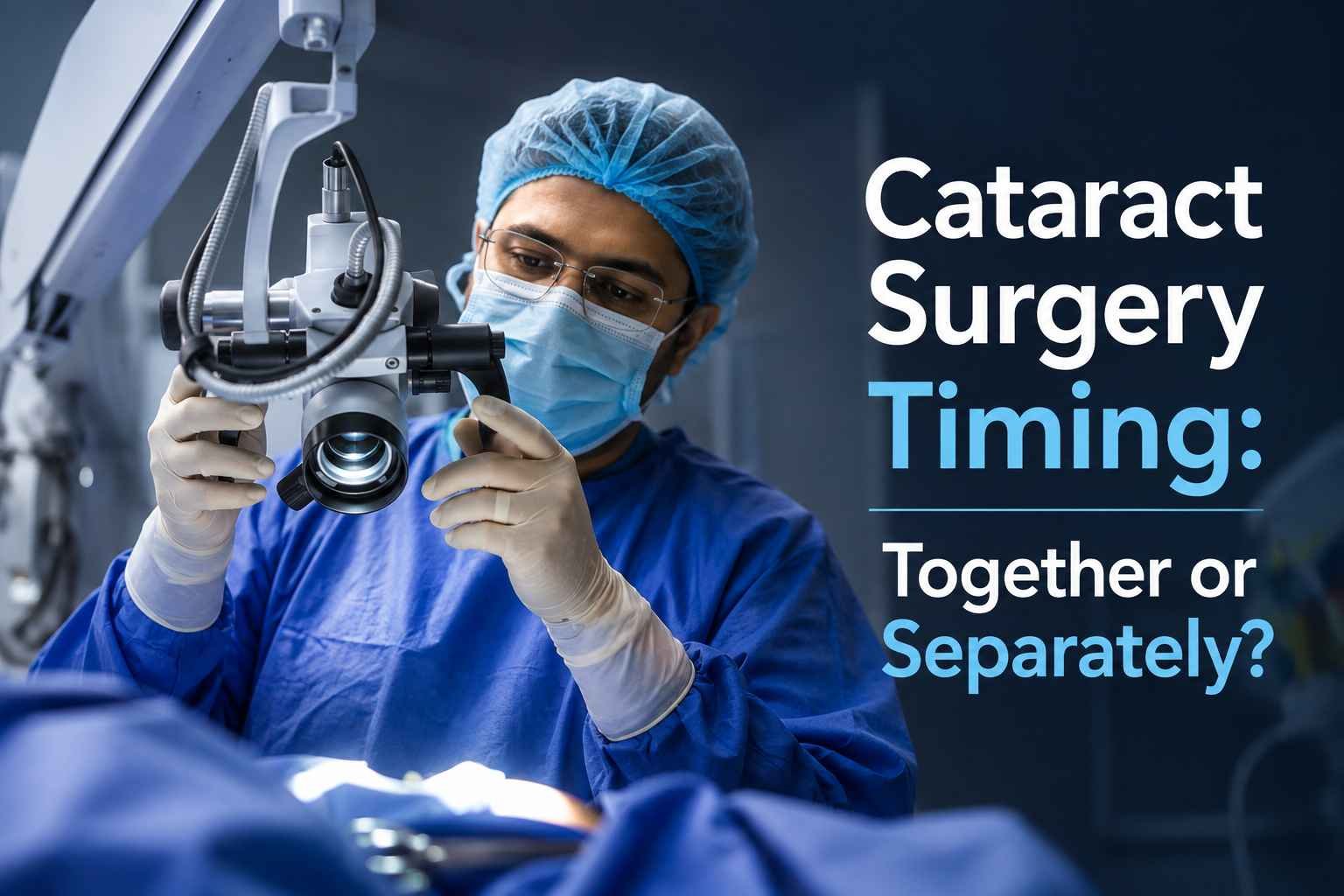 Eye surgeon performing cataract surgery using specialised surgical equipment