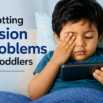 Toddler rubbing his eye while using a tablet, illustrating common signs of vision problems and eye strain in young children who may not be able to describe their symptoms.