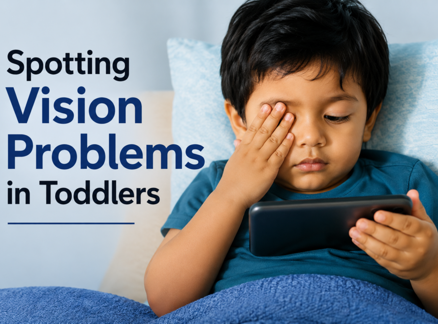 Toddler rubbing his eye while using a tablet, illustrating common signs of vision problems and eye strain in young children who may not be able to describe their symptoms.