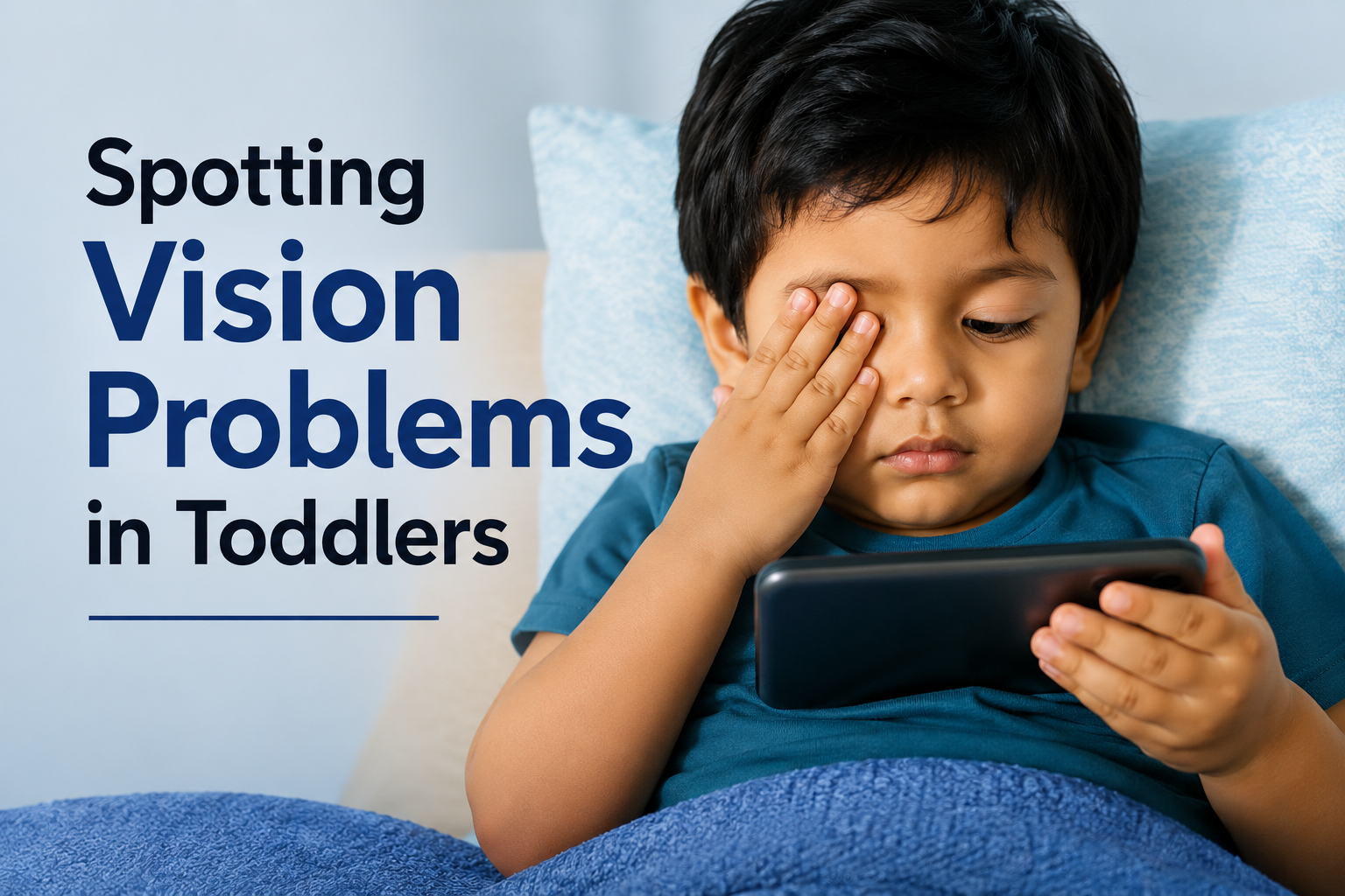 Toddler rubbing his eye while using a tablet, illustrating common signs of vision problems and eye strain in young children who may not be able to describe their symptoms.