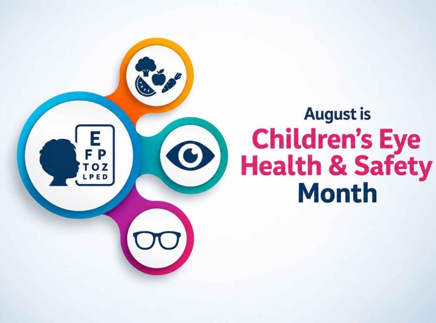 Illustration highlighting Children's Eye Health and Safety Month with eye care, vision screening, nutrition, and eyeglasses icons.